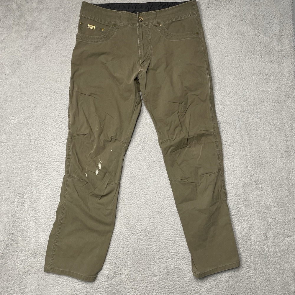 KUHL Revolvr Pants Men 34x32 Green Vintage Patina Dye Wash Distressed Stained